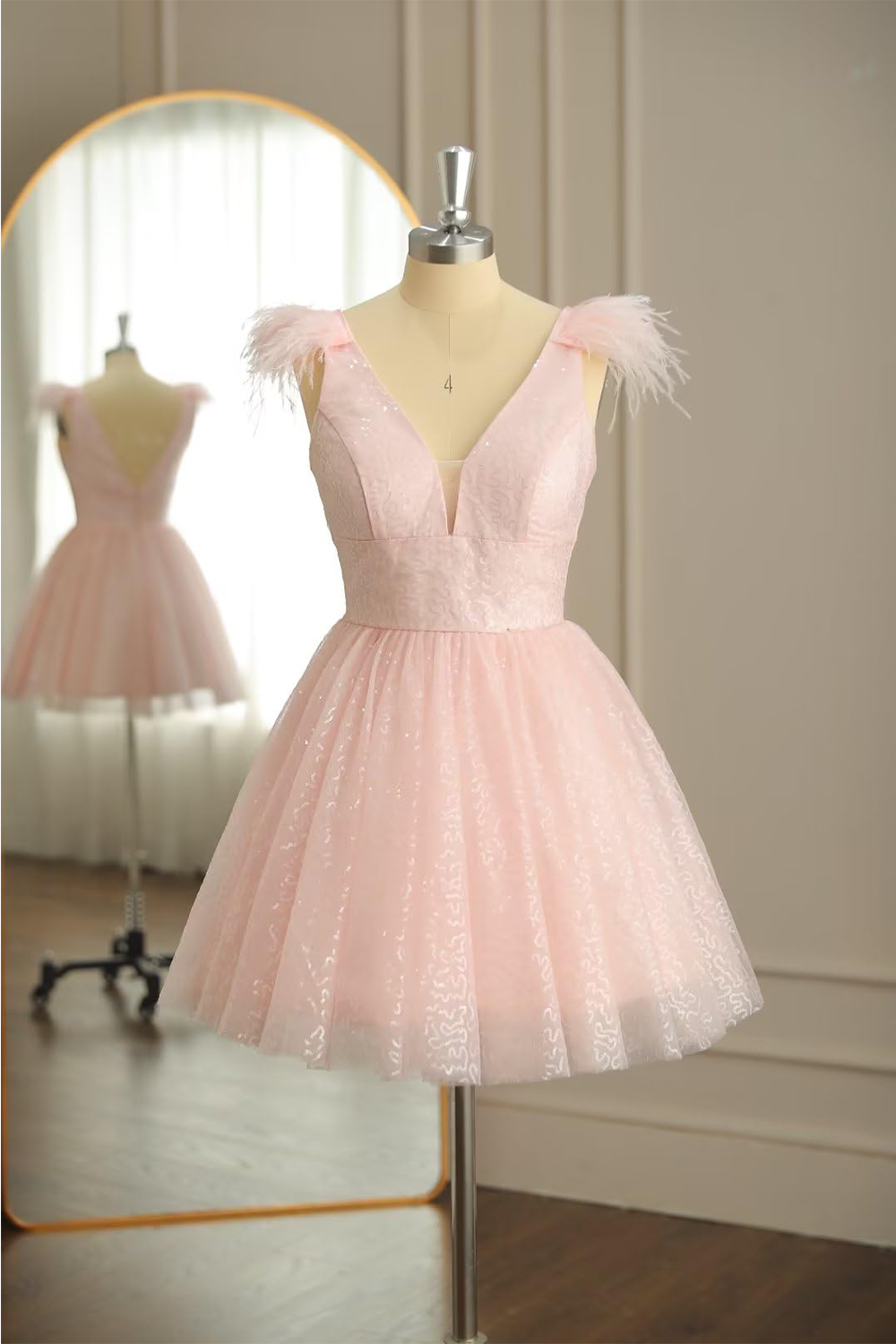 A Line V Neck Feather Homecoming Dress, Tulle Short Cocktail Dresses Rjerdress