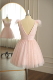 A Line V Neck Feather Homecoming Dress, Tulle Short Cocktail Dresses Rjerdress