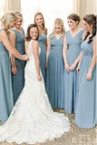 A-Line V-Neck Floor-Length Dusty Blue Chiffon Simple Bridesmaid Dress with Ruched
