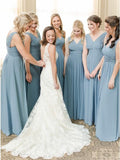 A-Line V-Neck Floor-Length Dusty Blue Chiffon Simple Bridesmaid Dress with Ruched Rjerdress