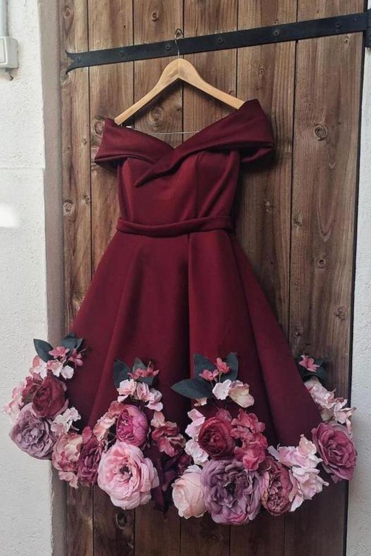 A-Line V Neck Hand-Made Flower Homecoming Dress Unique Short Long Sleeve Prom Dress Rjerdress