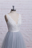 A-Line V-Neck Ivory Lace Bodice Grey Tulle Skirt Chapel Train Appliques Wedding Dress RJS287 Rjerdress