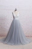 A-Line V-Neck Ivory Lace Bodice Grey Tulle Skirt Chapel Train Appliques Wedding Dress RJS287