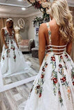 A Line V Neck Ivory Lace Prom Dresses With Embroidery, Printed Evening Dresses Rjerdress