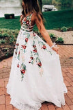 A Line V Neck Ivory Lace Prom Dresses With Embroidery, Printed Evening Dresses Rjerdress