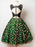 A-Line V-Neck Knee Length Sleeveless Dark Green Lace Homecoming Dress with Appliques RJS540 Rjerdress