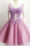 A Line V Neck Lace Appliques Lilac Short Beading Tulle Sleeveless Homecoming Dresses RRJS976