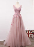 A Line V Neck Lace Appliques Pink Long Backless Cheap Prom Dresses