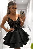 A Line V Neck Lace Layered Black Top Lace Short Homecoming Dresses with Spaghetti Straps H1188 Rjerdress