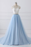 A-Line V-Neck Lace Top Sky Blue Skirt Cheap Sweetheart Tulle Satin Prom Dresses with Sash RJS156