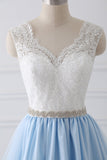 A-Line V-Neck Lace Top Sky Blue Skirt Cheap Sweetheart Tulle Satin Prom Dresses with Sash RJS156 Rjerdress