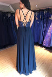 A Line V Neck Lace up Navy Blue Chiffon Long Prom Dresses with Beads Rjerdress