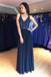 A Line V Neck Lace up Navy Blue Chiffon Long Prom Dresses with Beads