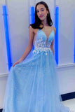 A-Line V Neck Light Blue Prom Dress with Appliques Spaghetti Straps Lace Evening Dresses RJS736 Rjerdress