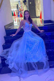 A-Line V Neck Light Blue Prom Dress with Appliques Spaghetti Straps Lace Evening Dresses RJS736 Rjerdress