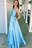 A Line V Neck Light Blue Satin Beautiful Prom Dresses With Pockets Sleeveless Rjerdress