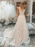 A Line V Neck Long Champagne Lace Appliques Tulle Prom Dresses Rjerdress