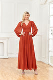 A Line V Neck Long Sleeves Chiffon Prom Formal Dresses With Ruffles