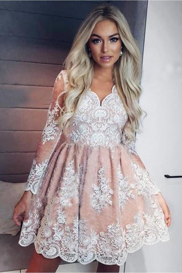 A-Line V-Neck Long Sleeves Short Homecoming Dress With Appliques Rjerdress