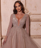 A-Line V-Neck Long Sleeves Tulle Crystal Sequined Beading Prom Dresses Rjerdress