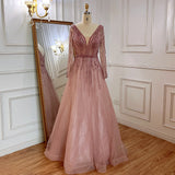A-Line V-Neck Long Sleeves Tulle Crystal Sequined Beading Prom Dresses Rjerdress