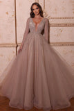 A-Line V-Neck Long Sleeves Tulle Crystal Sequined Beading Prom Dresses