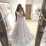 A Line V Neck Modest Lace Tulle Wedding Dresses Bride Gowns
