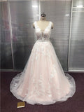 A Line V Neck Modest Lace Tulle Wedding Dresses Bride Gowns Rjerdress