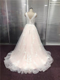A Line V Neck Modest Lace Tulle Wedding Dresses Bride Gowns Rjerdress
