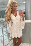 A-Line V-Neck Open Back Bell Sleeves Short White Lace Homecoming Dress Rjerdress