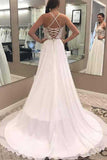 A Line V Neck Open Back Chiffon Ivory Lace Long Lace up Wedding Dresses with Appliques Rjerdress