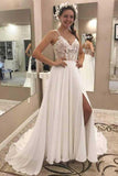 A Line V Neck Open Back Chiffon Ivory Lace Long Lace up Wedding Dresses with Appliques Rjerdress