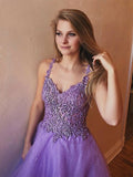 A Line V Neck Open Back Prom Dresses Tulle With Beading Sweep Train Rjerdress