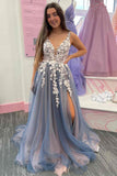A Line V Neck Open Back Tulle With Applique Prom Dresses
