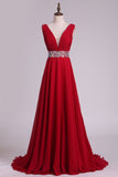 A Line V Neck Pleated Bodice Chiffon Party Dresses With Beading Court Train Rjerdress