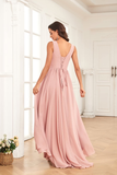 A Line V Neck Pleated High Low Chiffon Bridesmaid Dresses Rjerdress