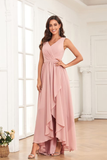 A Line V Neck Pleated High Low Chiffon Bridesmaid Dresses Rjerdress