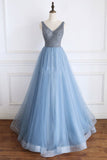 A Line V Neck Powder Blue V Back Prom Dress with Beading Evening Dress Rjerdress