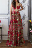 A Line V Neck Red Floral Boho Prom Dress Elegant Long Evening Dresses RJS518