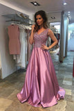 A Line V Neck Satin Prom Dresses With Beading Sweep Train Rjerdress