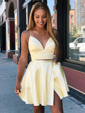 A Line V Neck Satin Two Pieces Spaghetti Straps Short Homecoming Dresses Rjerdress