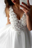 A-Line V-Neck Short Cocktail Dress White Tulle Lace Beads Homecoming Dress with Appliques RJS717