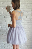 A-Line V-Neck Short Lilac Above Knee Tulle Appliques Homecoming Dress with Lace RRJS322 Rjerdress