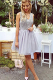 A-Line V-Neck Short Lilac Above Knee Tulle Appliques Homecoming Dress with Lace RRJS322