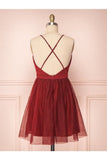 A Line V Neck Short Red/Burgundy Tulle Hoco Dresses Homecoming Dresses Rjerdress