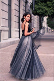 A-Line V-Neck Sleeveless Tulle Backless Navy Blue Floor Length Evening Prom Dresses UK Rjs460 Rjerdress