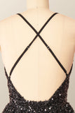 A Line V Neck Spaghetti Strap Short Sequin Black With Criss-Cross Mini Homecoming Dress RJS590 Rjerdress
