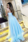 A Line V Neck Spaghetti Straps Light Blue Lace Prom Dress, Long Evening Dress Rjerdress