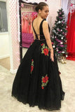 A Line V Neck Straps Lace Black Prom Dresses Backless Cheap Woman Dresses RJS698 Rjerdress