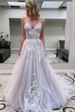 A Line V Neck Sweep Train Appliques Tulle Prom Dress With Zipper